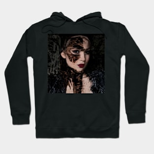 Beautiful girl, with mask. Like royal, but dark. Pale skin and red lips. Hoodie